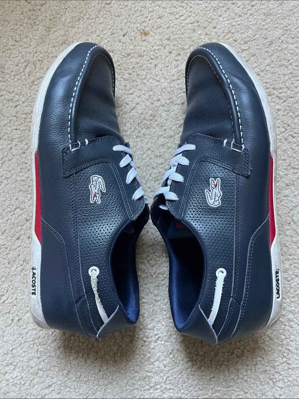 Lacoste Men's Navy Leather Boat Shoes with White Laces